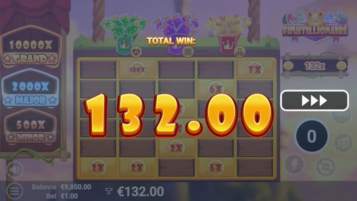 Interface colorida e vibrante do slot Fruitillionaire com personagens de frutas reais