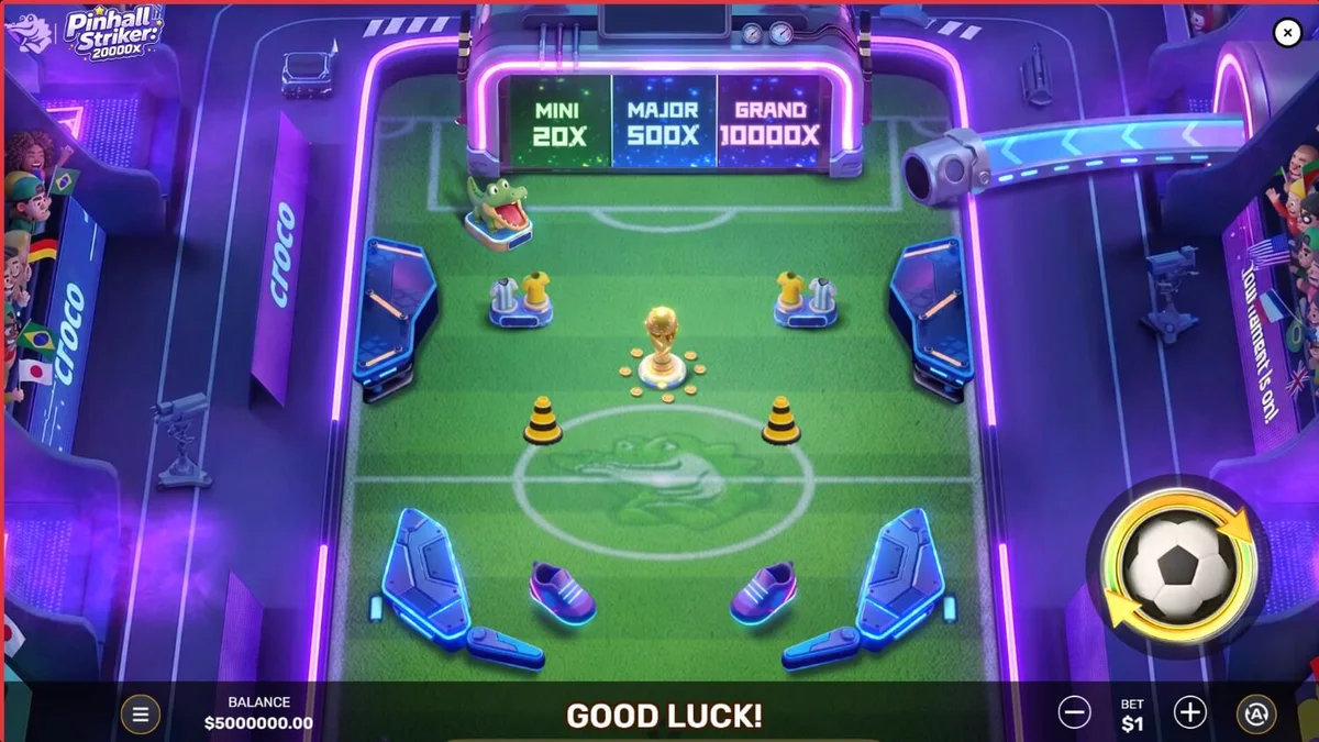 Interface do jogo Pinball Striker 20,000x com elementos de futebol e neon