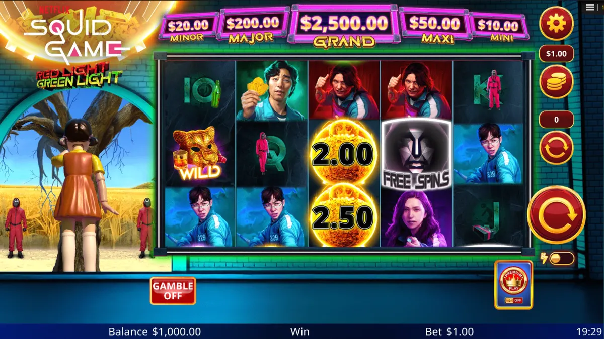 Interface do jogo de slot Squid Game: Red Light, Green Light com elementos temáticos da série